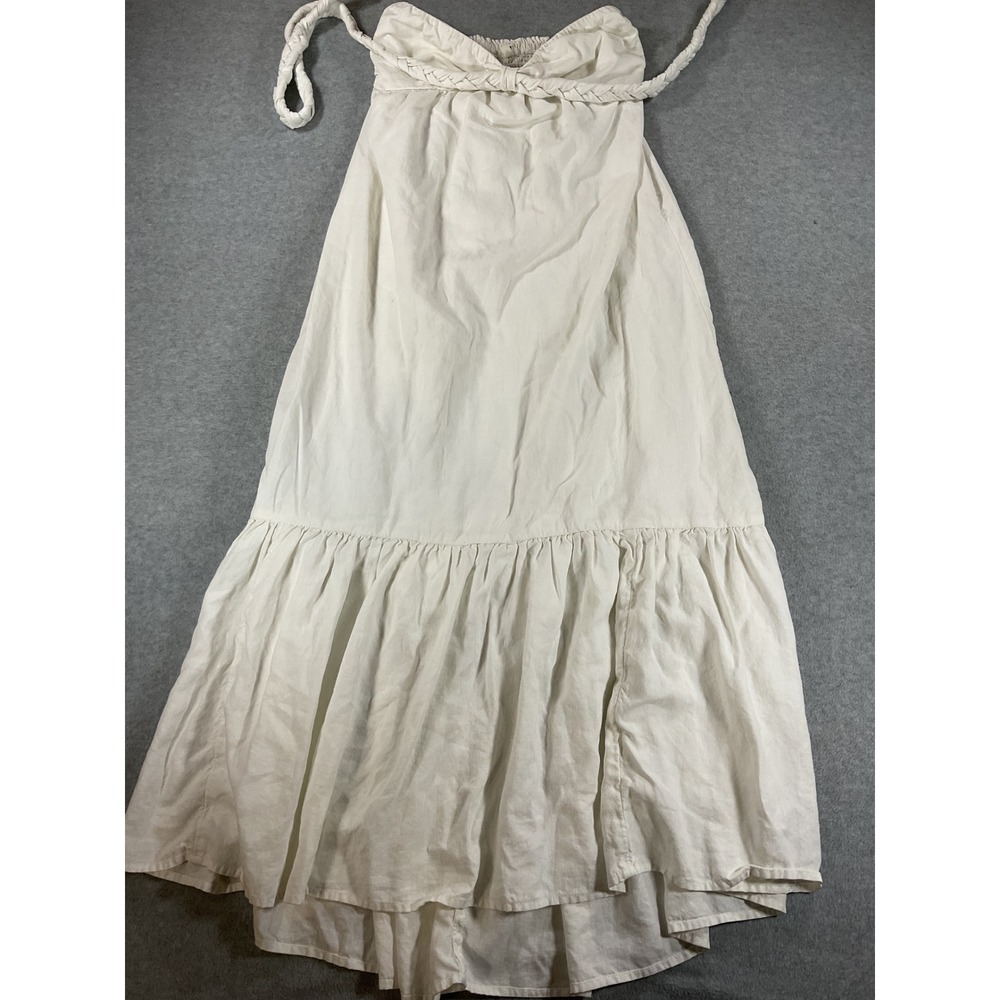 Aerie White Linen Blend Smocked Back Braided Tie Tiered Maxi Dress Small 2998
